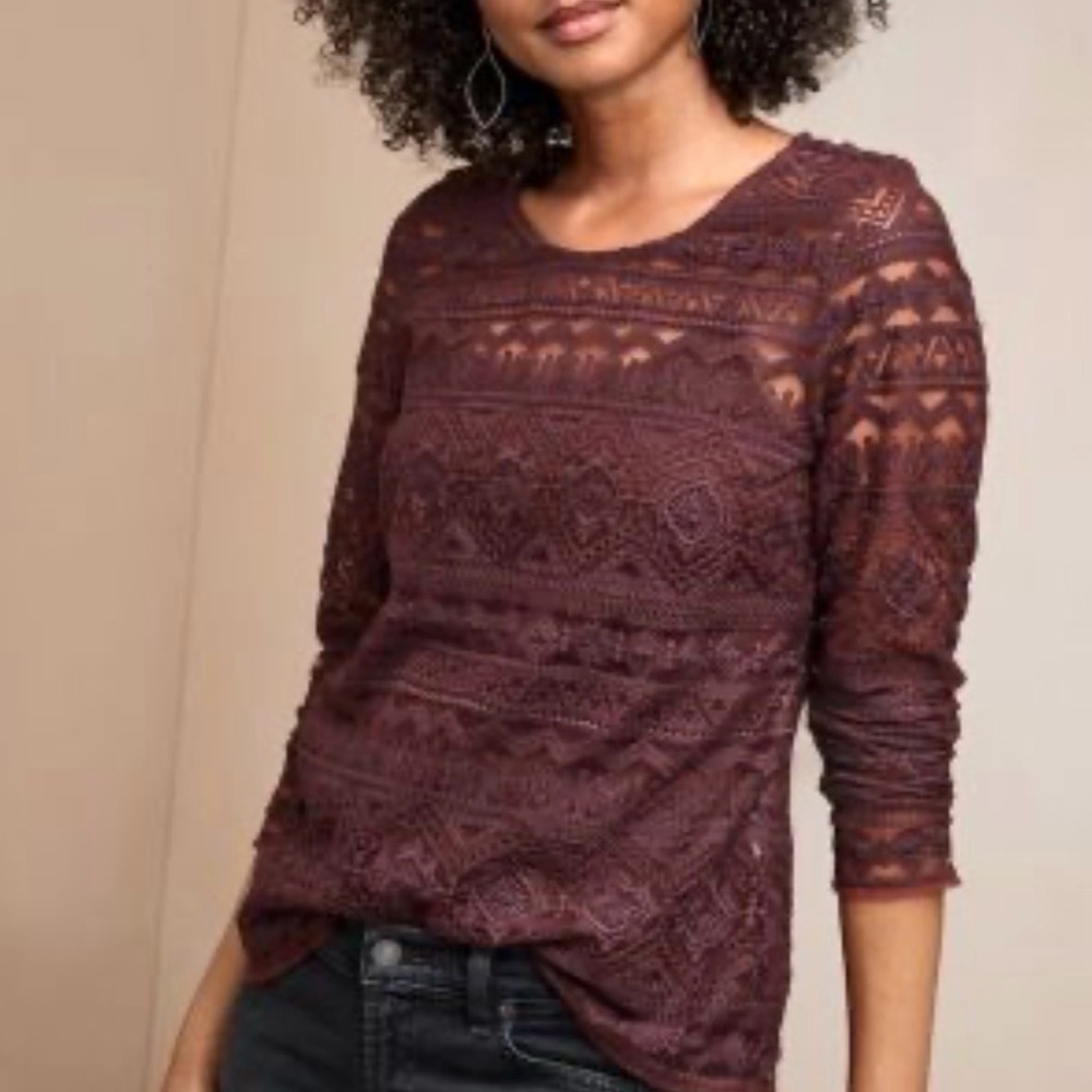 Garnet Hill Women's Sheer Lace Long Sleeve Top Burgundy size L Boho Contemporary